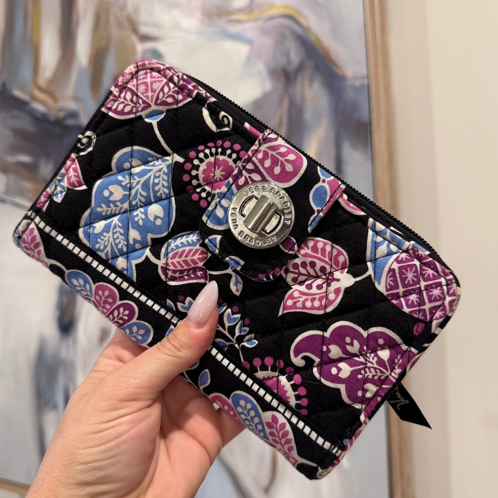Vera Bradley Turnlock Wallet Quilted Cotton Paisley Floral Black Purple Blue